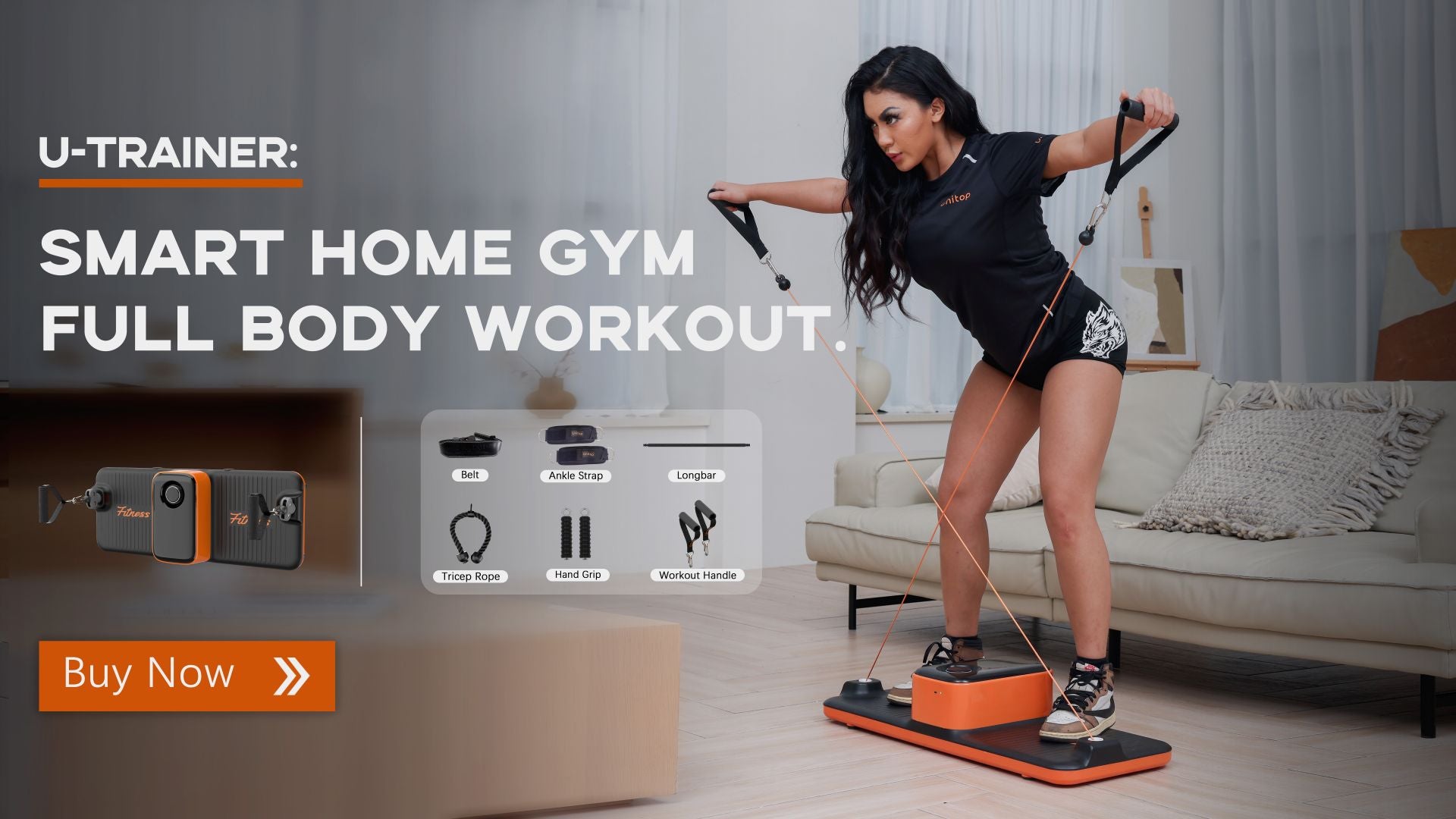 Female model doing home stretching exercises with U-trainer and installation accessories